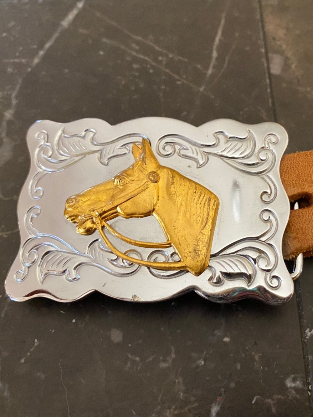 vintage Chambers Belt Co. Western-style belt buckle featuring a gold-toned horse